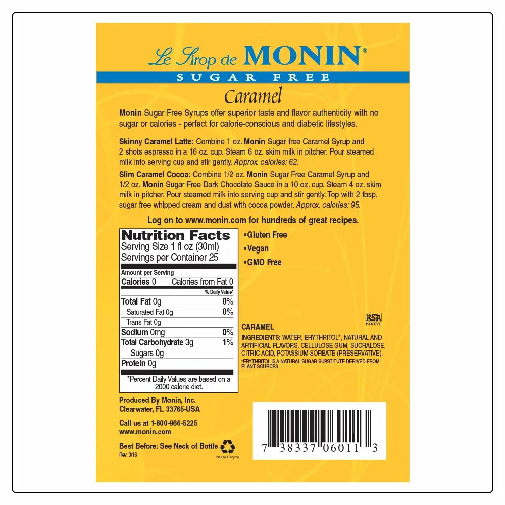 Monin - Sugar Free Caramel Syrup, Mild and Sweet, Great for Coffee and Desserts, Gluten-Free, Non-GMO (1 Liter)