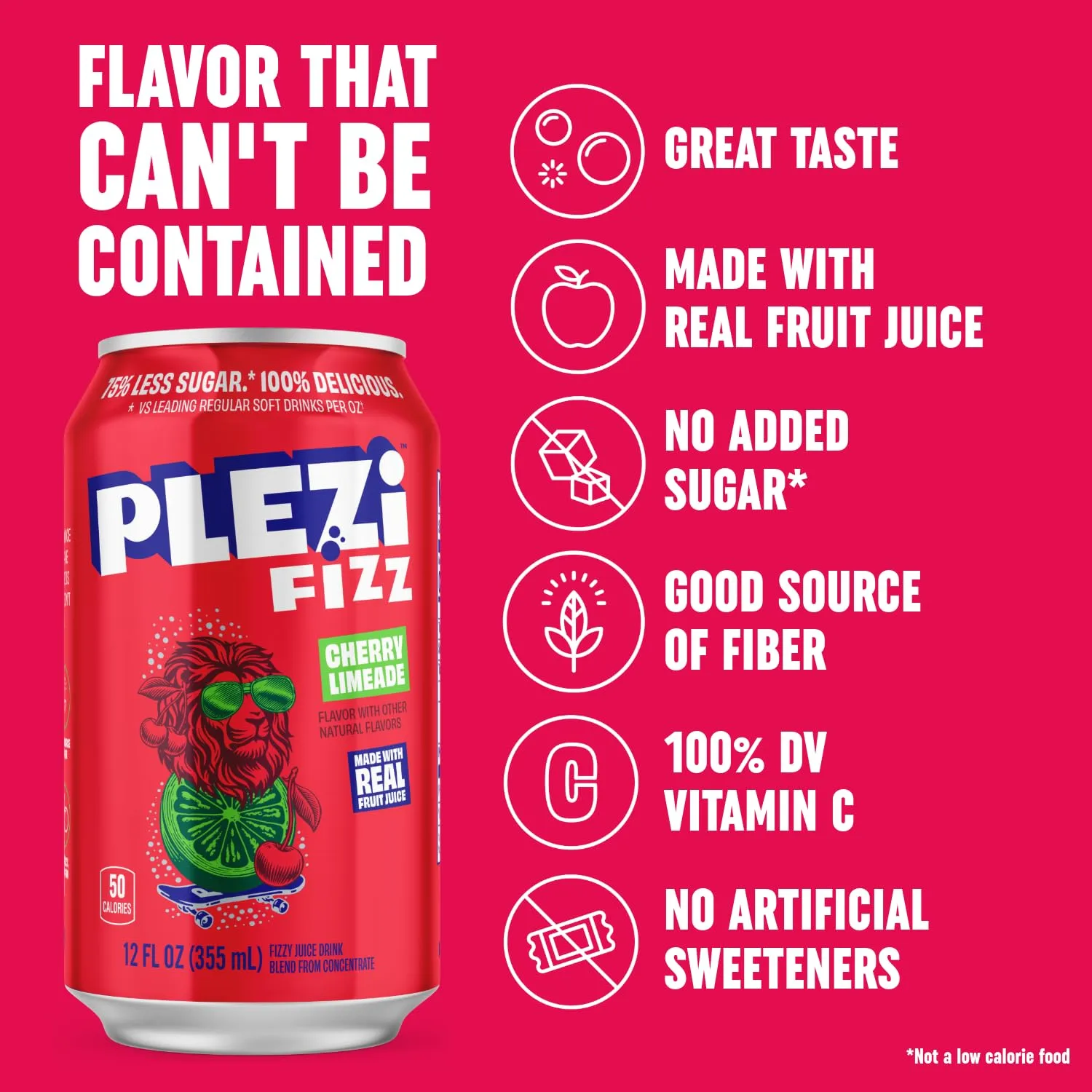 PLEZi FiZZ Cherry Limeade, Sparkling Juice Drink with Real Fruit Juice – No Added Sugar, Soda Soft Drinks Alternative – Low Sugar Beverage, Good Source of Fiber, 12 Fl Oz (12 Pack)