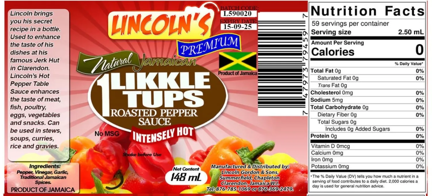 Lincoln's Natural Jamaican 1 Likkle Tups Pepper Sauce, Intensely Hot, Gluten Free, Non-GMO, No MSG, No Preservatives, No Fillers, No Additives, All Ingredients Are 100% Jamaican Grown, 148 ML (Roasted Perpper)