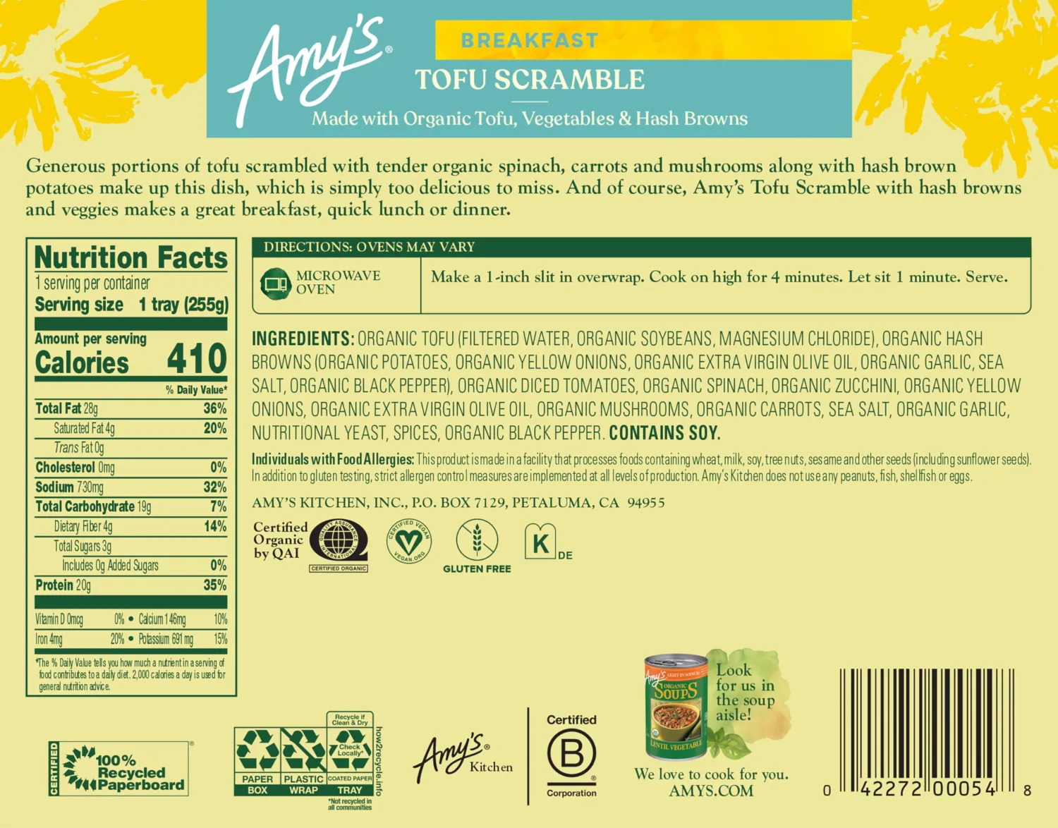 Amy's Frozen Meals, Vegan Tofu Scramble, Made With Organic Tofu, Vegetables and Hash Browns, Gluten Free Microwave Meals, 9 Oz