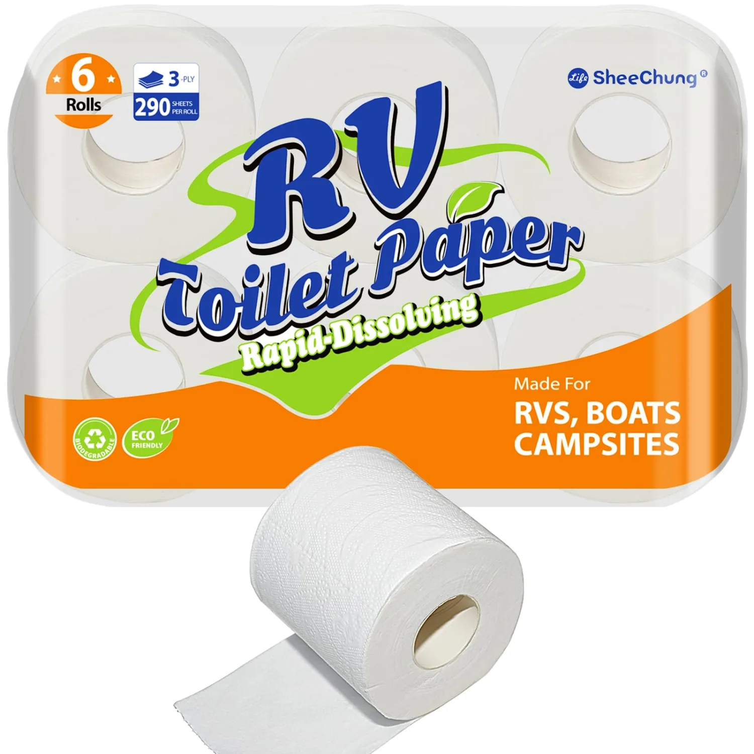 SheeChung RV Toilet Paper - 6 Rolls, Rapid Dissolve, Septic Safe, Travel Toilet Tissue for RVs, Boats, Marine, Camper Accessories- 3 Ply, 290 Sheets