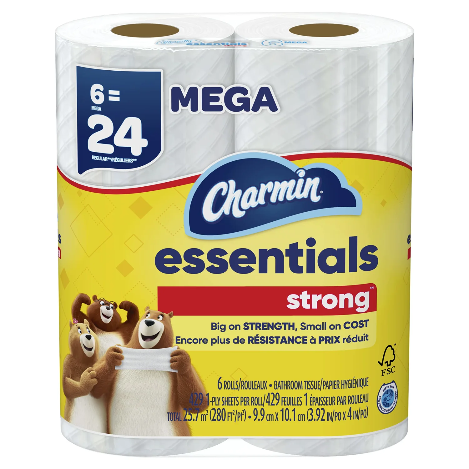 Charmin Essentials Strong Toilet Paper 6 Mega Rolls, 429 sheets per roll