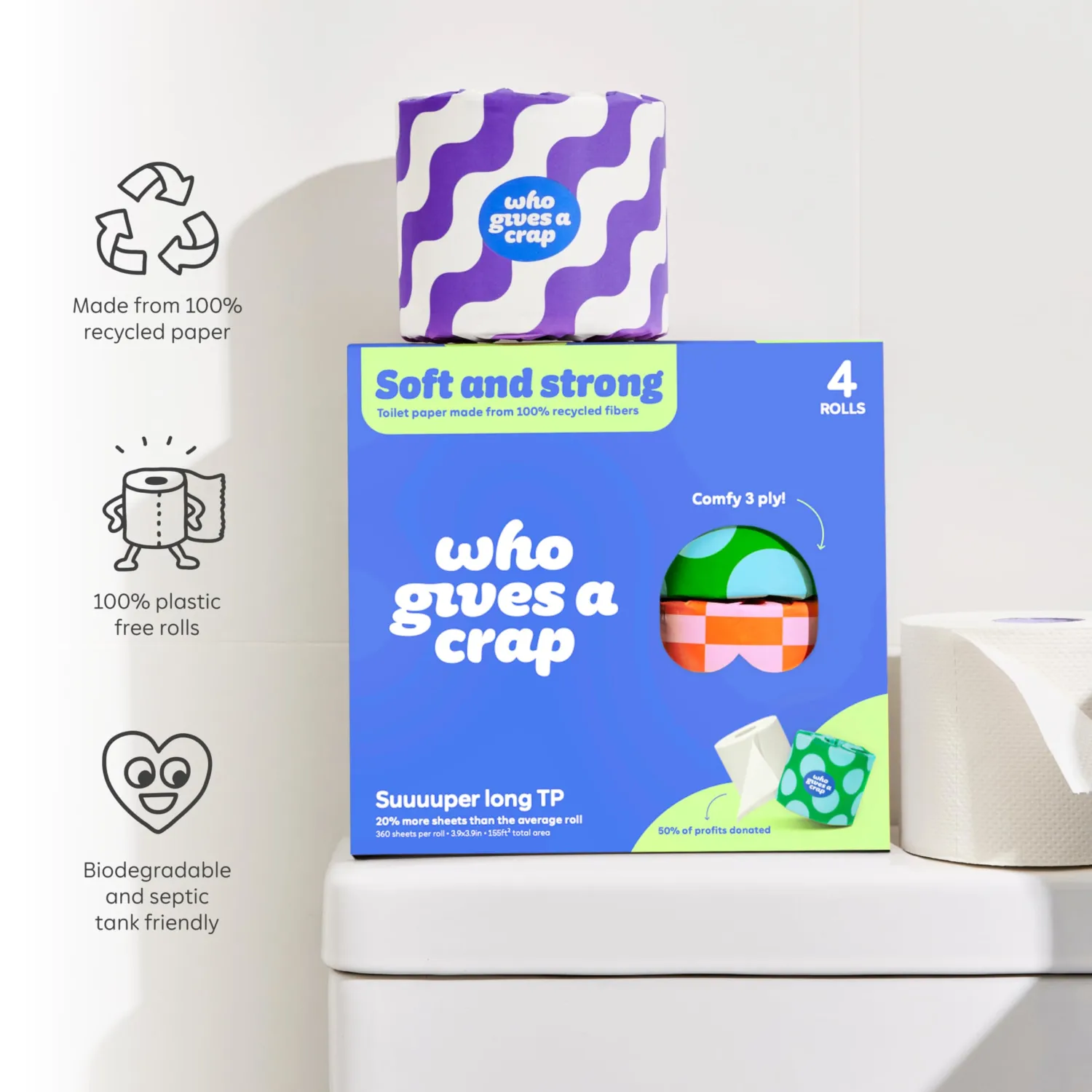 Who Gives A Crap 100% Recycled Double Length Toilet Paper Rolls 4 Count, 360 CT