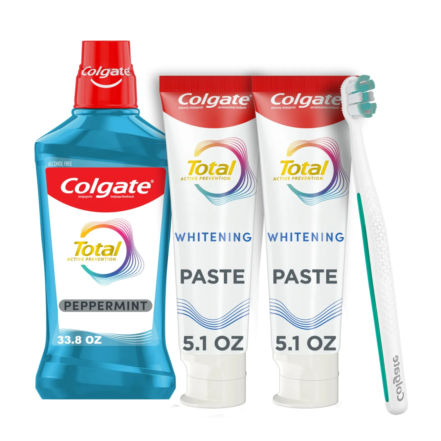 Colgate Total Whitening Paste Toothpaste, 5.1 oz, 2pk + Active Prevention Foaming Clean Toothbrush, Soft + Advanced Pro-Shield Mouthwash, Peppermint -1L