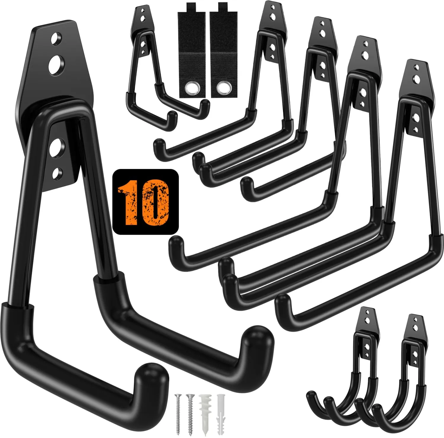 QcoQce 10 Pack Garage Hooks Heavy Duty with 2 Extension Cord Straps,Garage Storage Hooks, Wall Mount Hooks, Garage Organization and Tool Hangers for Bike, Ladder, Ropes and Garden Tools