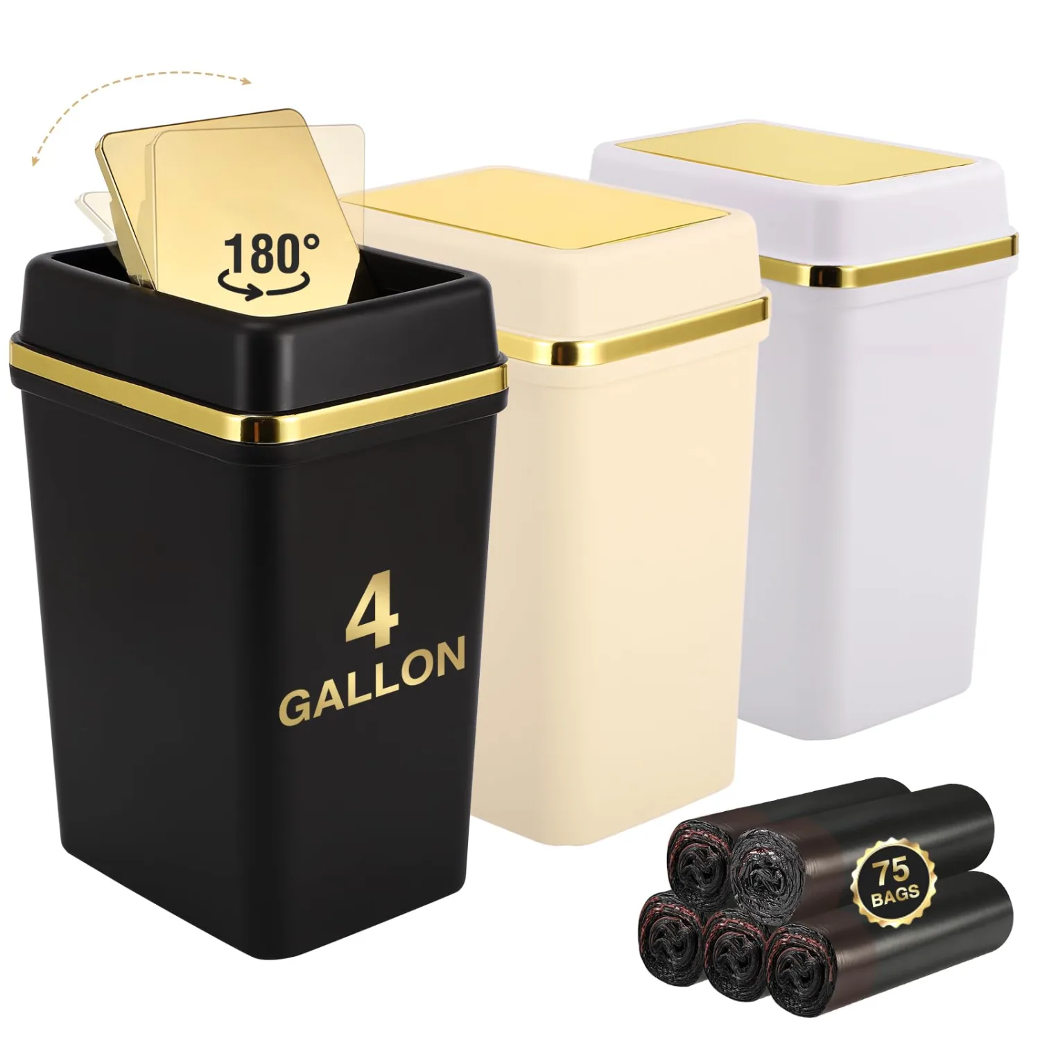 (Color Random) 3 Pack Bathroom Trash Can with Lid 4 Gallon Small Trash Can with 75 Counts Trash Bags