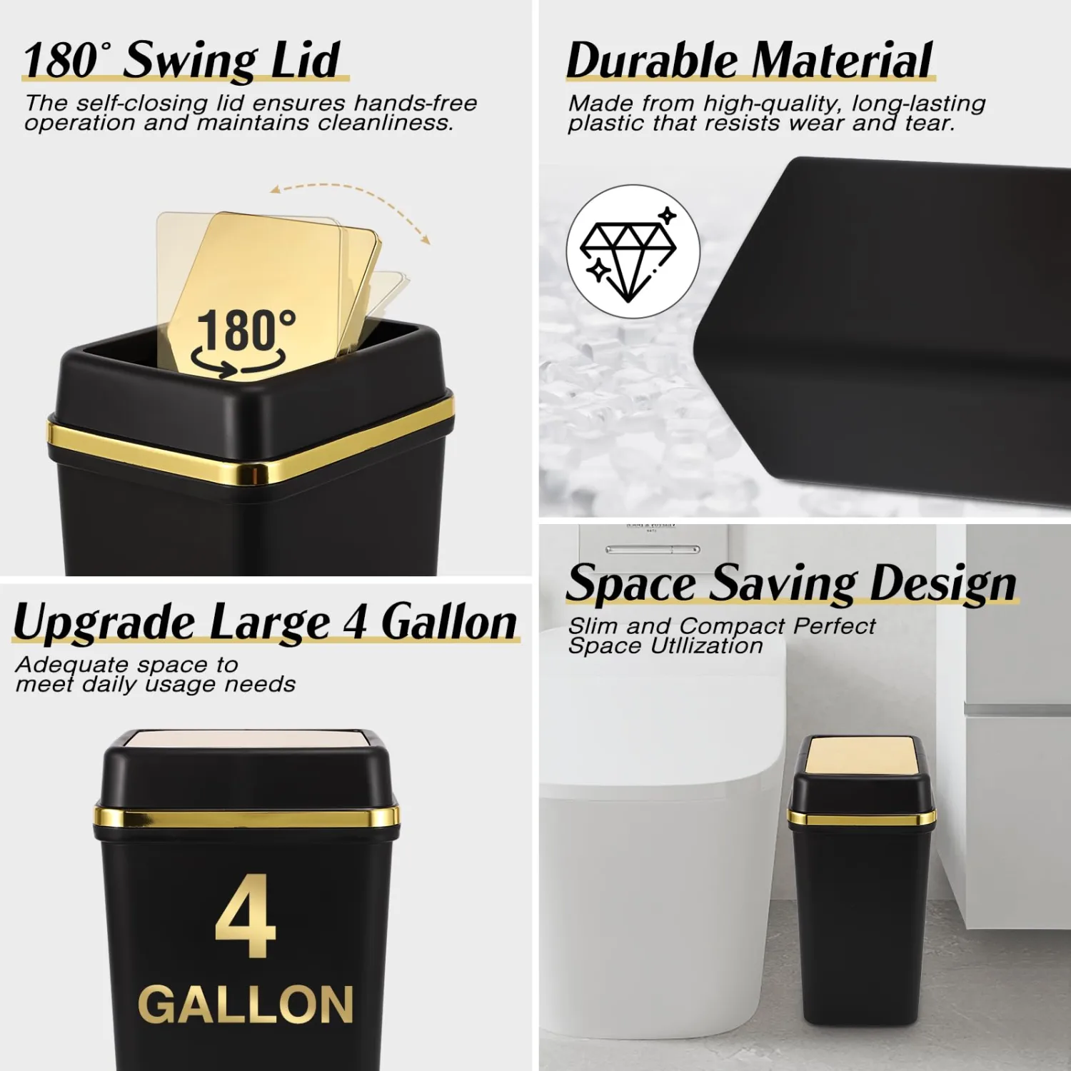 (Color Random) 3 Pack Bathroom Trash Can with Lid 4 Gallon Small Trash Can with 75 Counts Trash Bags