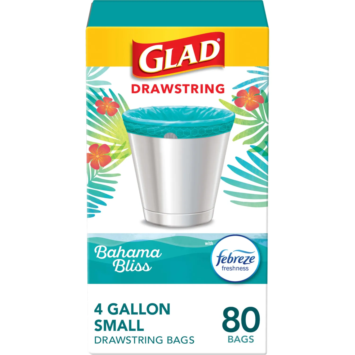 Glad Odorshield Small Drawstring Trash Bags, 4 Gal, Febreze Bahama Bliss, 80 Ct, Pack May Vary