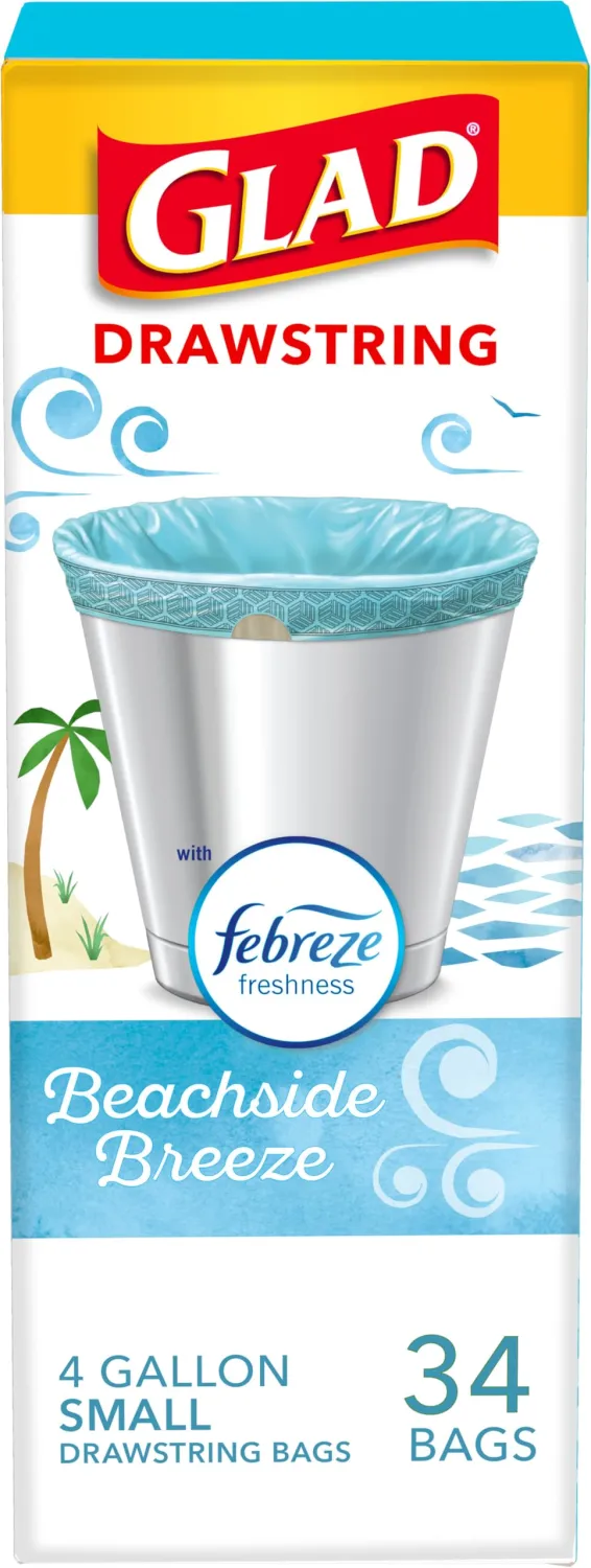 Glad OdorShield Small Drawstring Trash Bags, Febreze Beachside Breeze, 4 Gallon - 34 Count