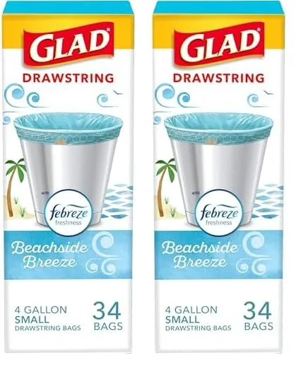 Glad OdorShield Small Drawstring Trash Bags - Febreze Beachside Breeze - 4 Gallon - 34 Count (Pack of 2)