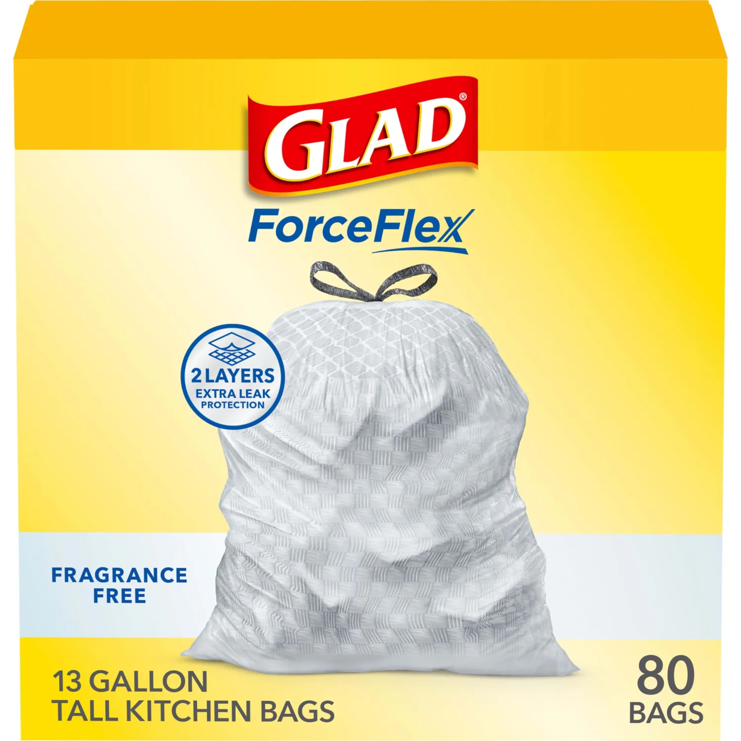 Glad ForceFlex Tall Kitchen Drawstring Trash Bags, 13 Gal, Fragrance Free, 80 Ct (Package May Vary)