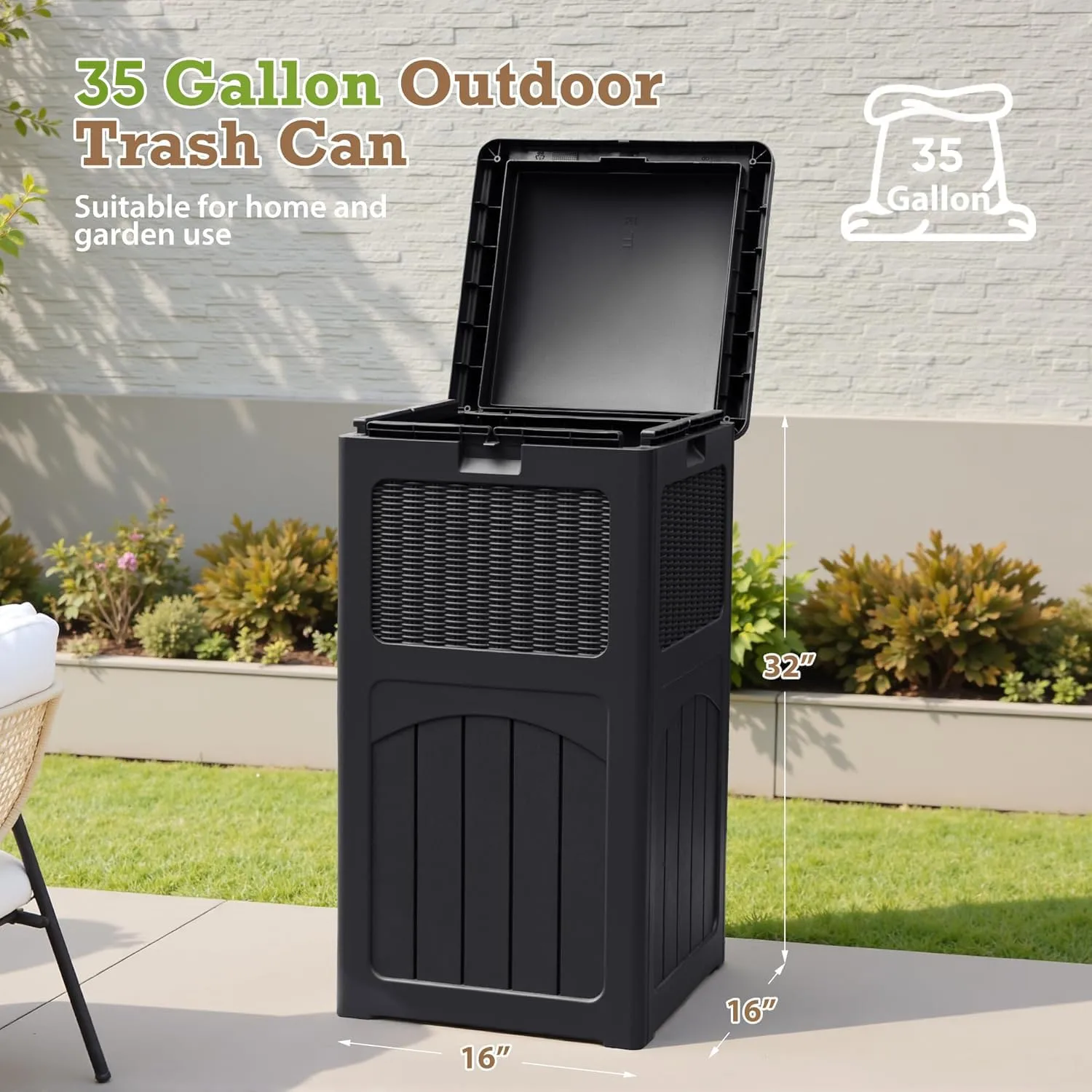 Homall 35 Gallon Outdoor Trash Can, Garbage Can with Lid, Waterproof Resin Waste Bins for Garden, Backyard, Patio Use (Black)