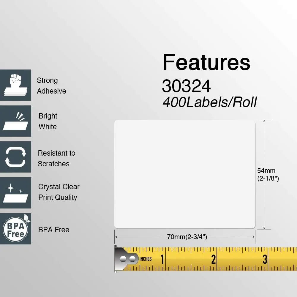 BETCKEY - Compatible DYMO 30324 (2-1/8" x 2-3/4") Multipurpose Labels, Perforated, Compatible with DYMO Labelwriter 450, 4XL, NOT Fit 550 & 5XL [2 Rolls/800 Labels]