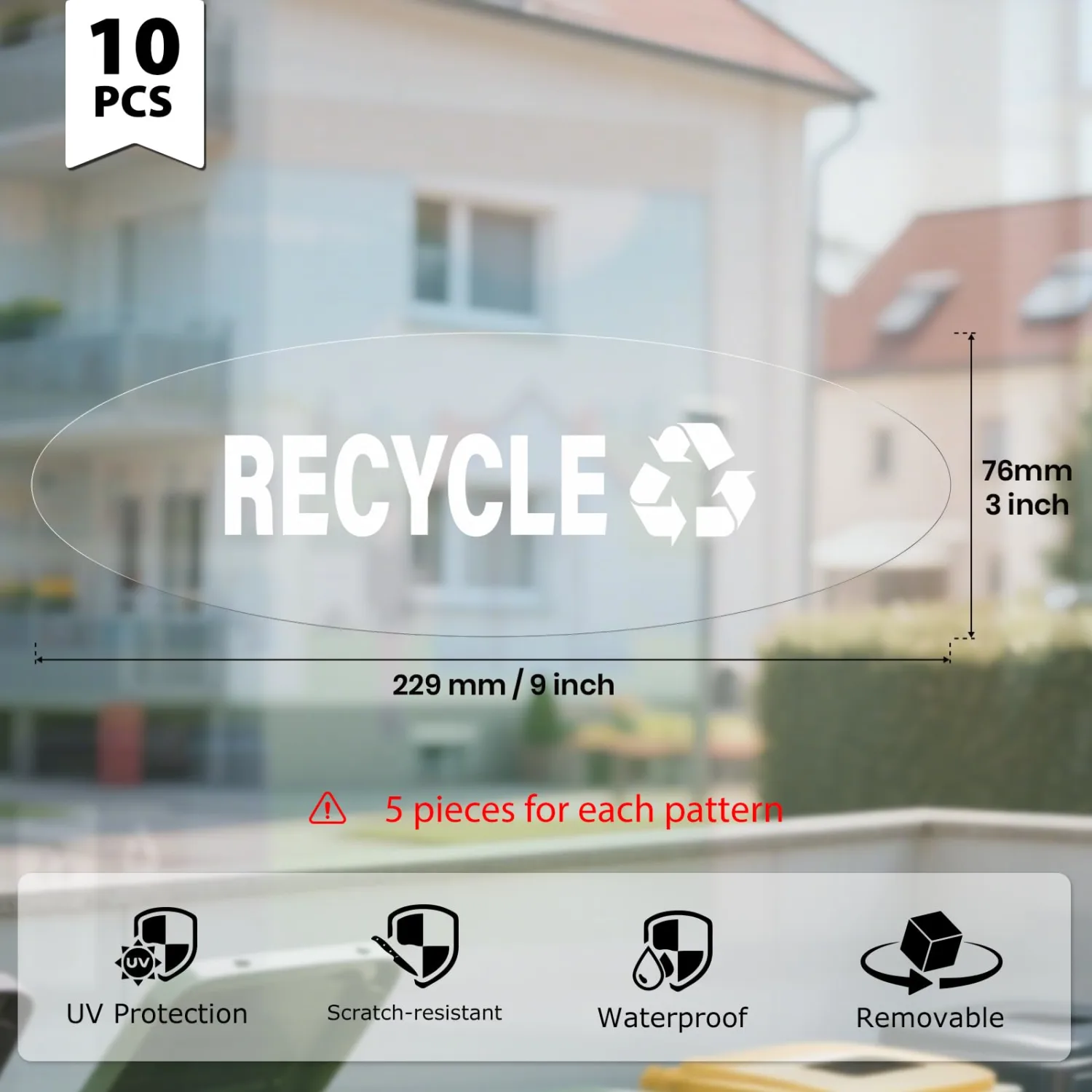 10 Pack Recycle Trash Cans Oval Stickers 9 × 3 Inches White Vinyl Trasparent Decals Self Adhesive Waterproof UV Resistant Sign for Recycling Bin Home Business
