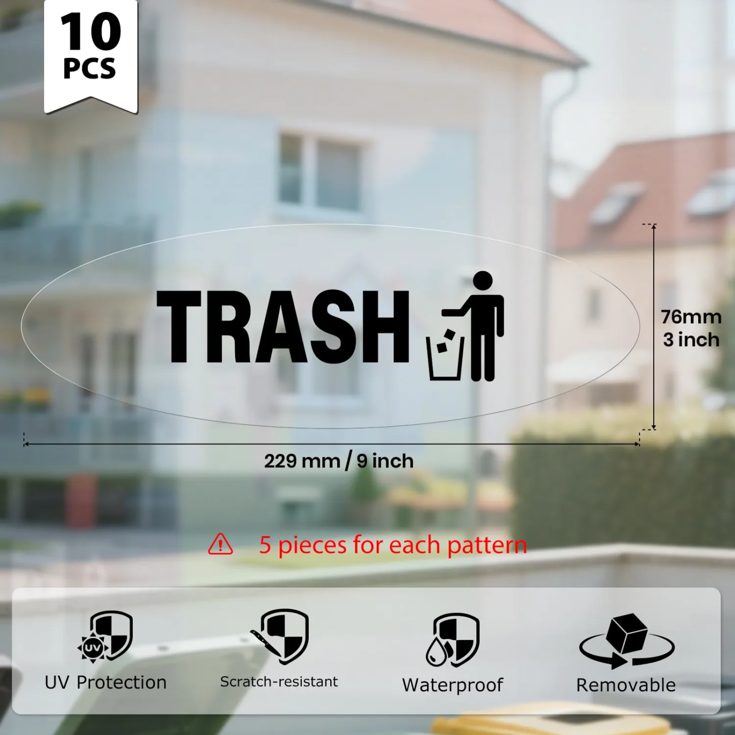 10 Pack Recycle Trash Cans Oval Stickers 9 × 3 Inches Black Vinyl Trasparent Decals Self Adhesive Waterproof UV Resistant Sign for Recycling Bin Home Business