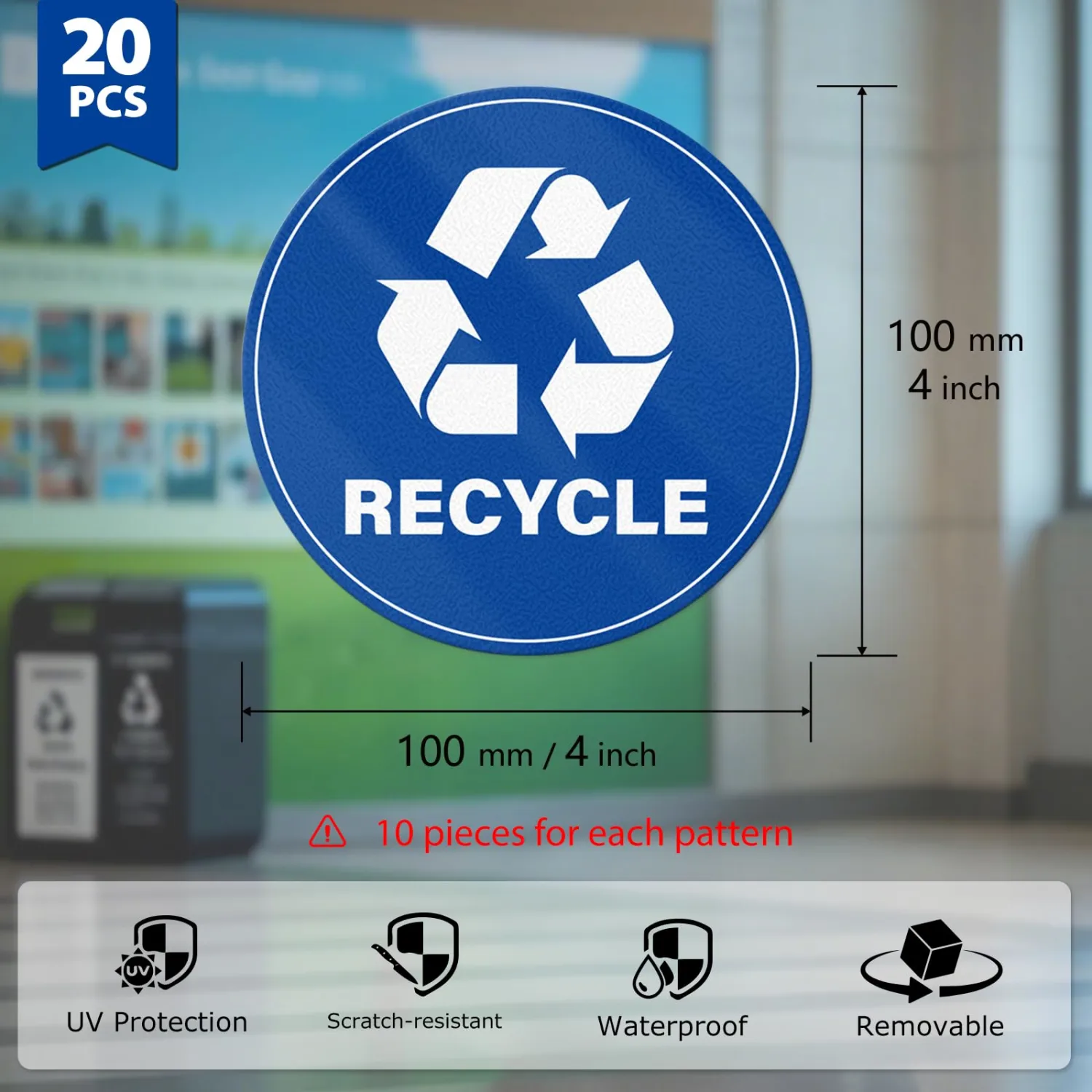 20 Pack Recycle and Trash Stickers 4×4 Inches Vinyl Weatherproof Self Adhesive Waste Sign for Bins Home Business