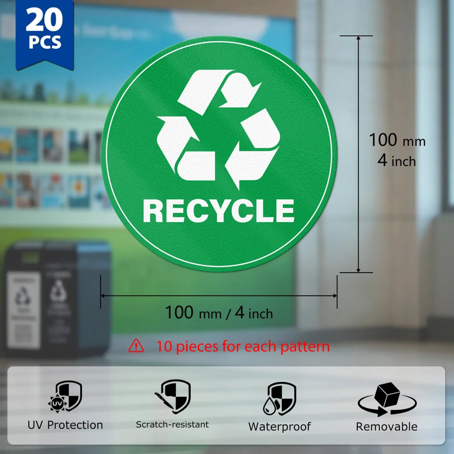 20 Pack Recycle Trash Cans Stickers 4×4 Inches Vinyl Weatherproof Self Adhesive Waste Sign for Bins Home Business