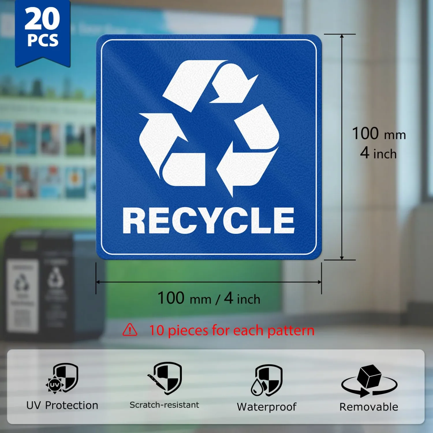 20 Pack Recycle and Trash Stickers 4×4 Inches Square Vinyl Weatherproof Self Adhesive Waste Sign for Bins Home Business