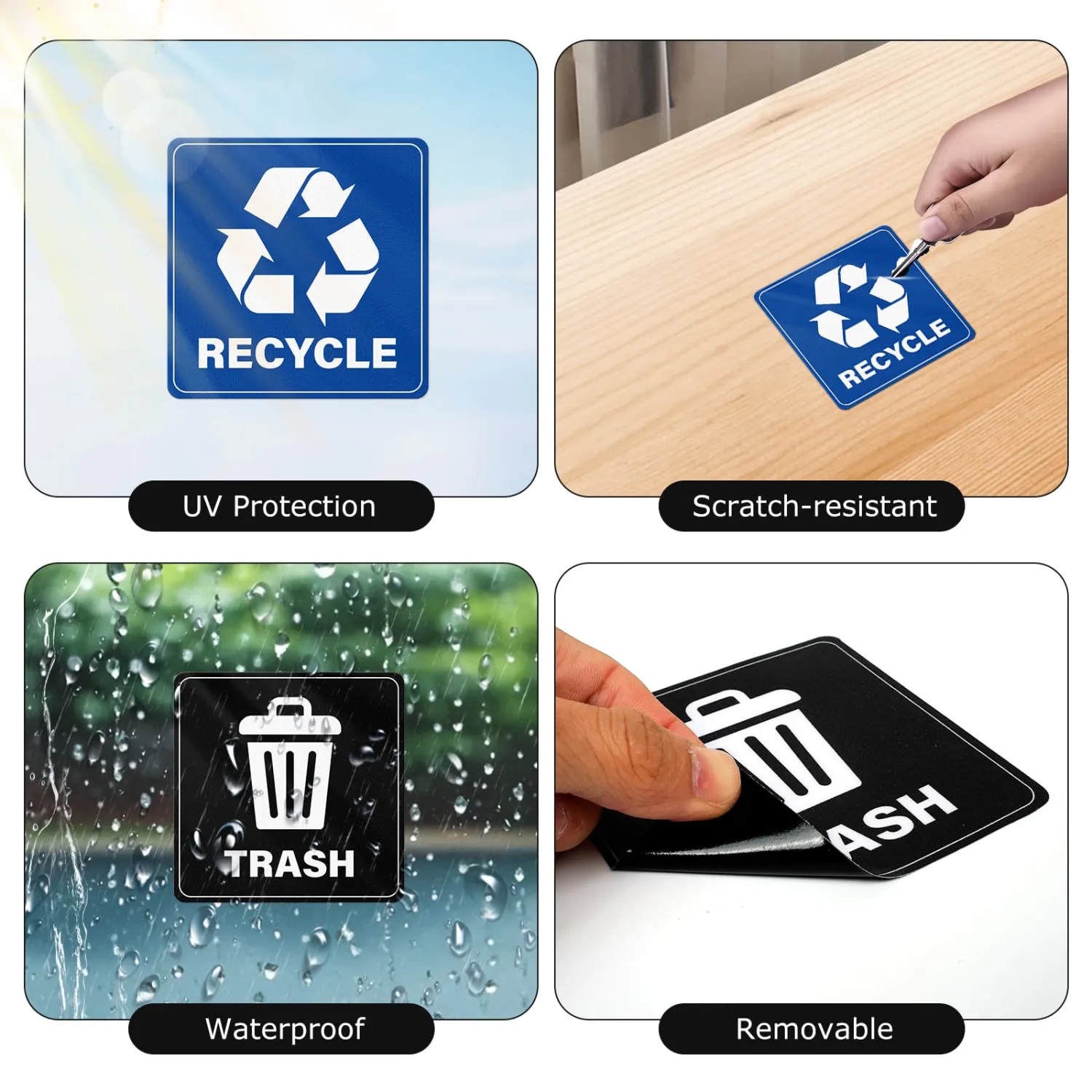 20 Pack Recycle and Trash Stickers 4×4 Inches Square Vinyl Weatherproof Self Adhesive Waste Sign for Bins Home Business