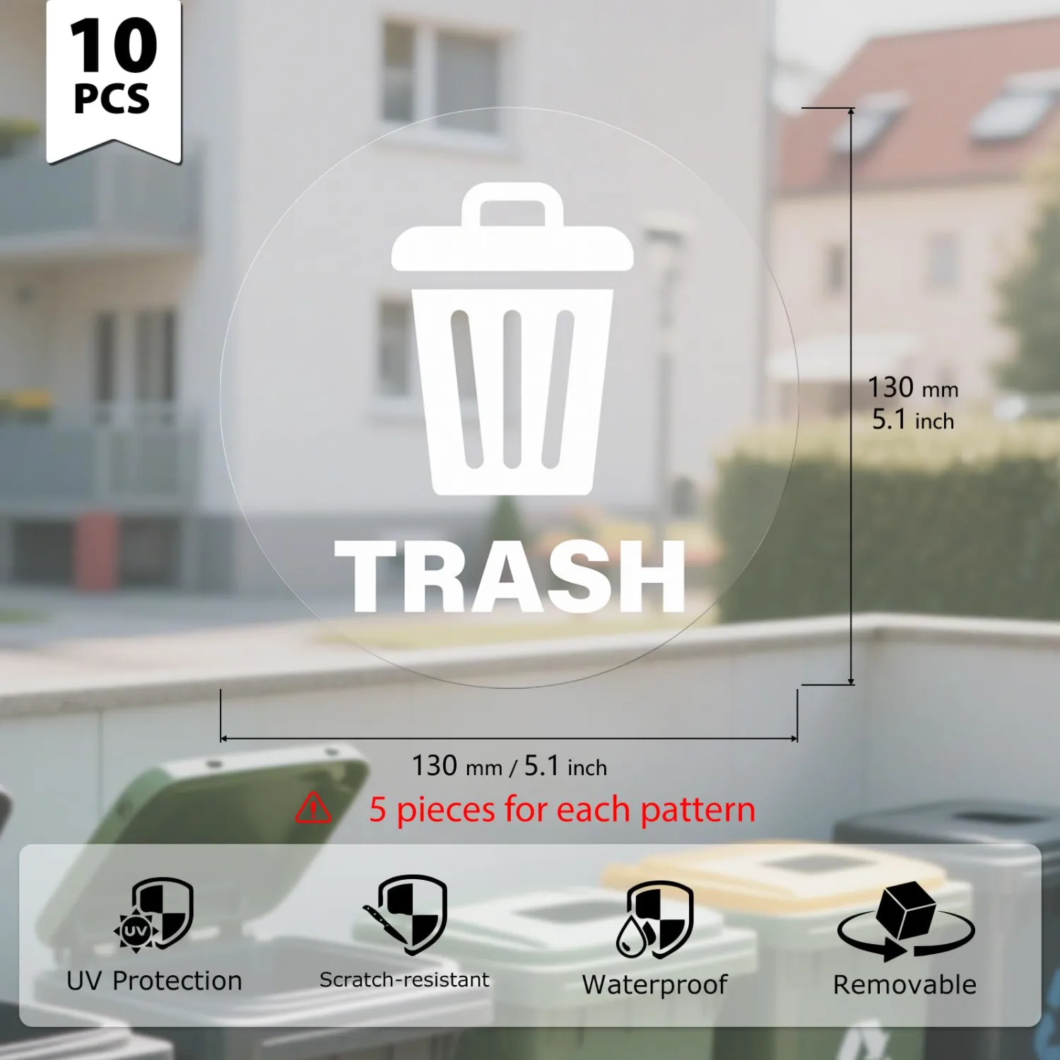 10 Pack Recycle and Trash Round Stickers 5 × 5 Inches White Vinyl Trasparent Recycling Bin Decals Self Adhesive Waterproof UV Resistant Sign for Garbage Cans Home Business