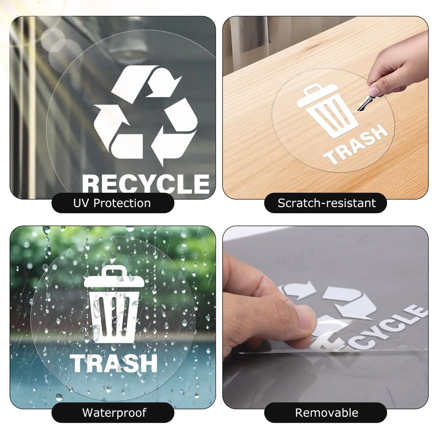 10 Pack Recycle and Trash Round Stickers 5 × 5 Inches White Vinyl Trasparent Recycling Bin Decals Self Adhesive Waterproof UV Resistant Sign for Garbage Cans Home Business