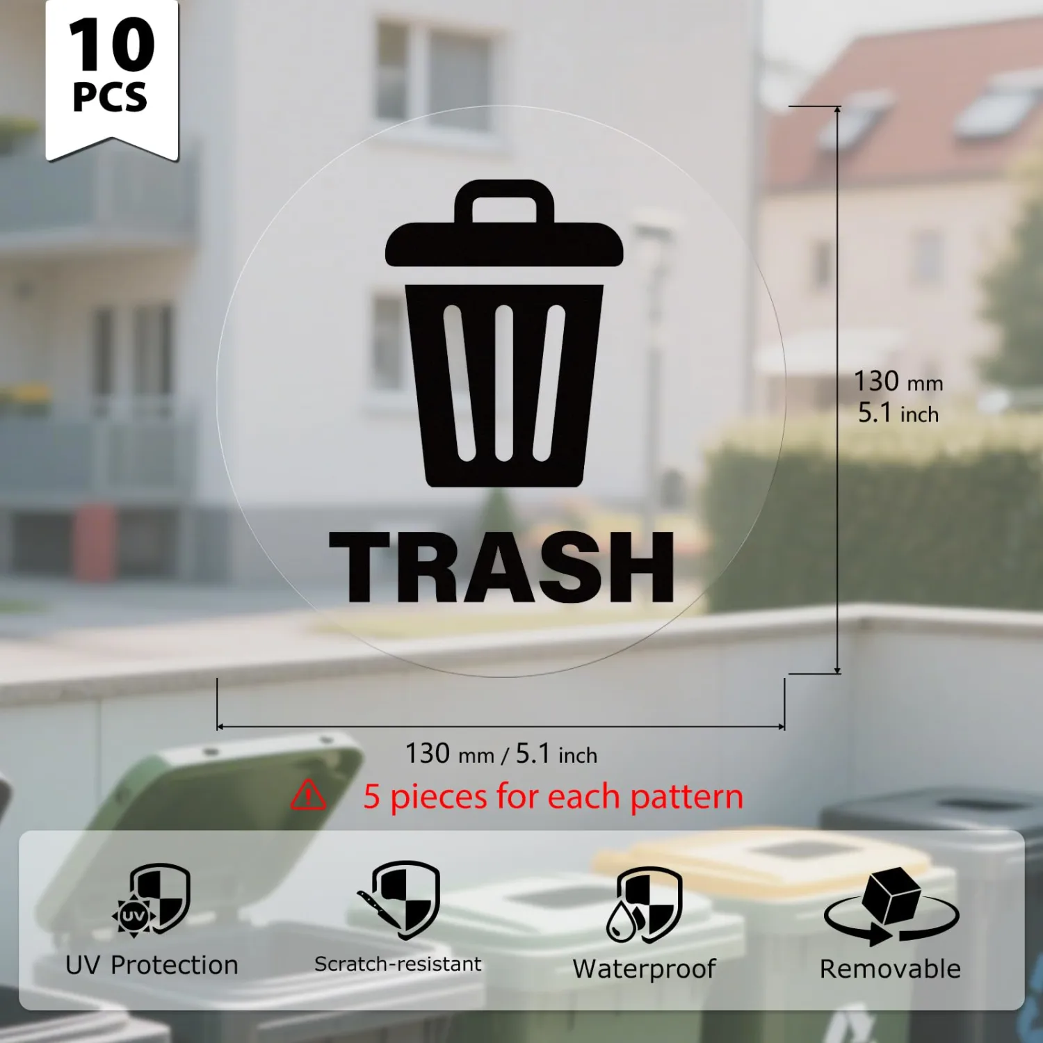10 Pack Recycle and Trash Round Stickers 5 × 5 Inches Black Vinyl Trasparent Recycling Bin Decals Self Adhesive Waterproof UV Resistant Sign for Garbage Cans Home Business
