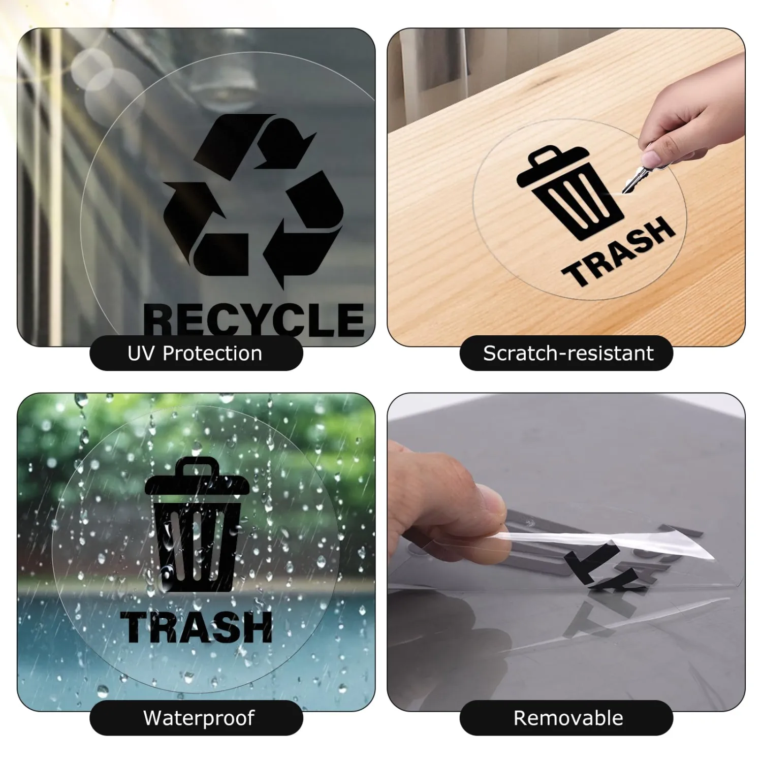 10 Pack Recycle and Trash Round Stickers 5 × 5 Inches Black Vinyl Trasparent Recycling Bin Decals Self Adhesive Waterproof UV Resistant Sign for Garbage Cans Home Business
