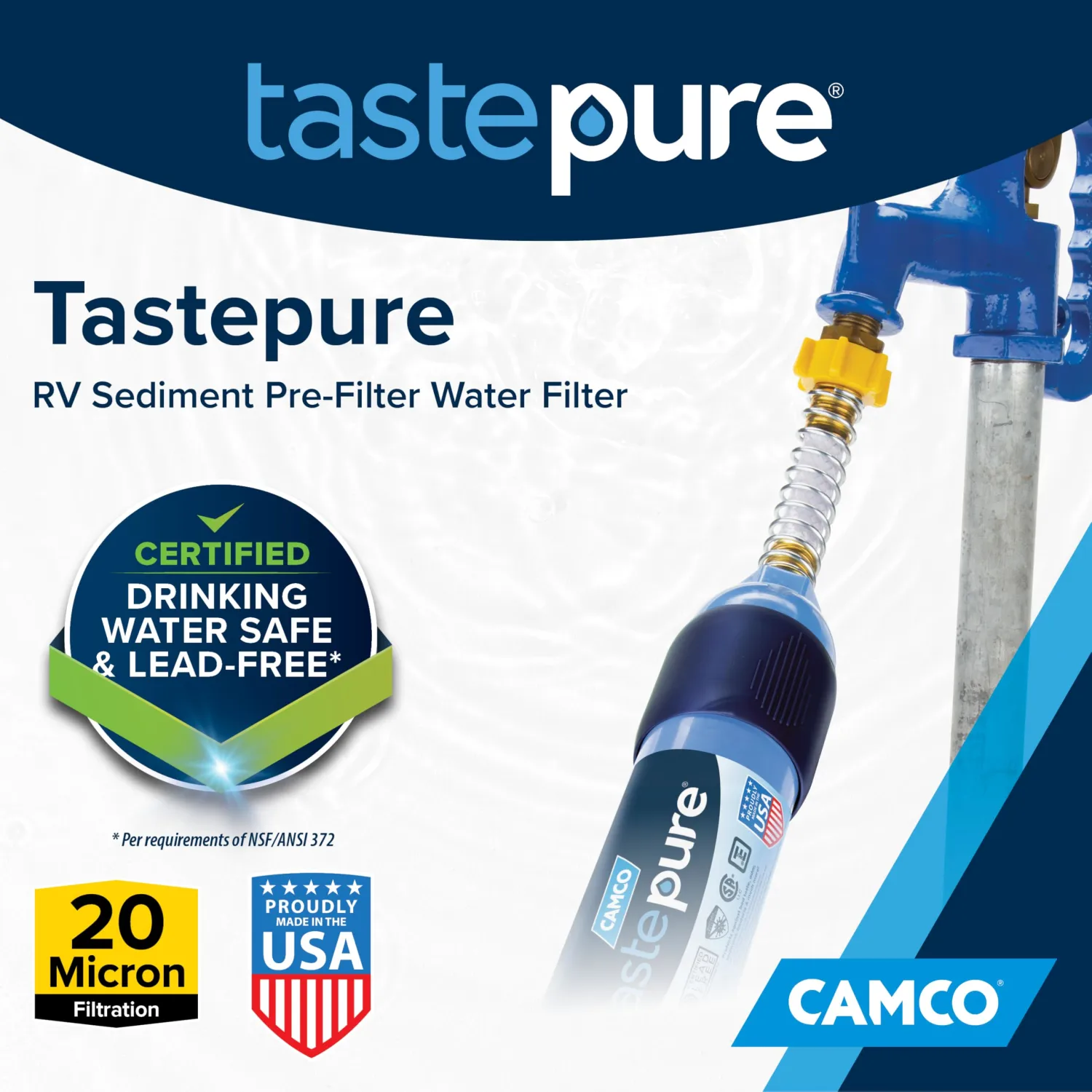 Camco Tastepure Sediment Pre-Filter for RV Water Filter - Features 20-Micron Water Filter System & Provides First Stage of Water Filtration - Extends the Life of Inline Water Filters (40048)