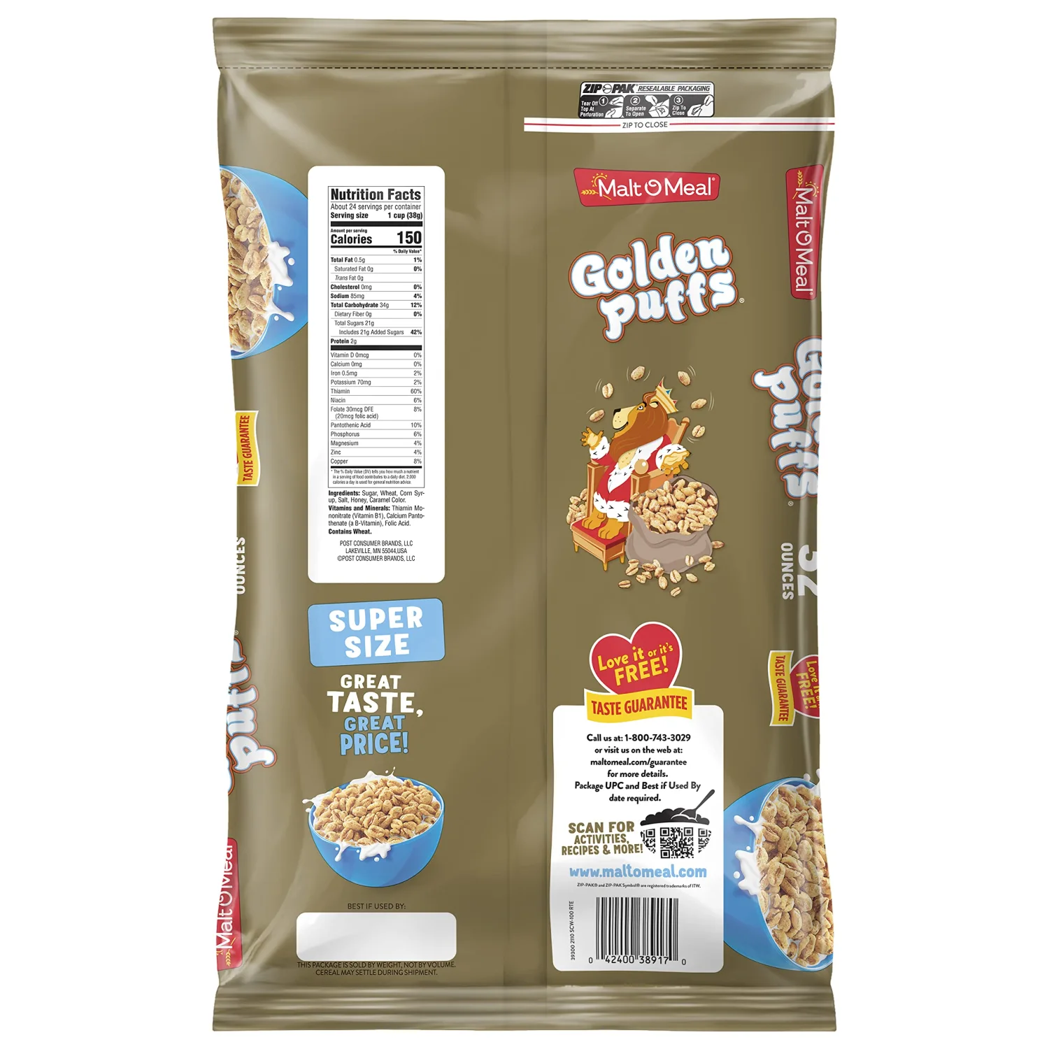 Malt-O-Meal Golden Puffs Sweetened Puffed Wheat Breakfast Cereal, Bulk Family Size, 32 oz Resealable Bag