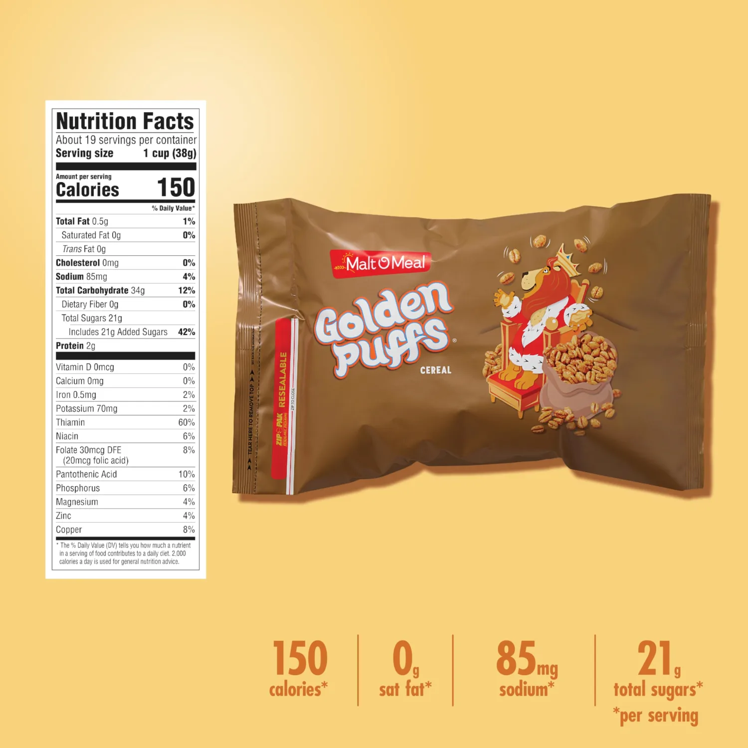 Malt-O-Meal Golden Puffs Breakfast Cereal, Sweetened Puffed Wheat Cereal, Bulk Family Size Cereal, 25 OZ Resealable Cereal Bag