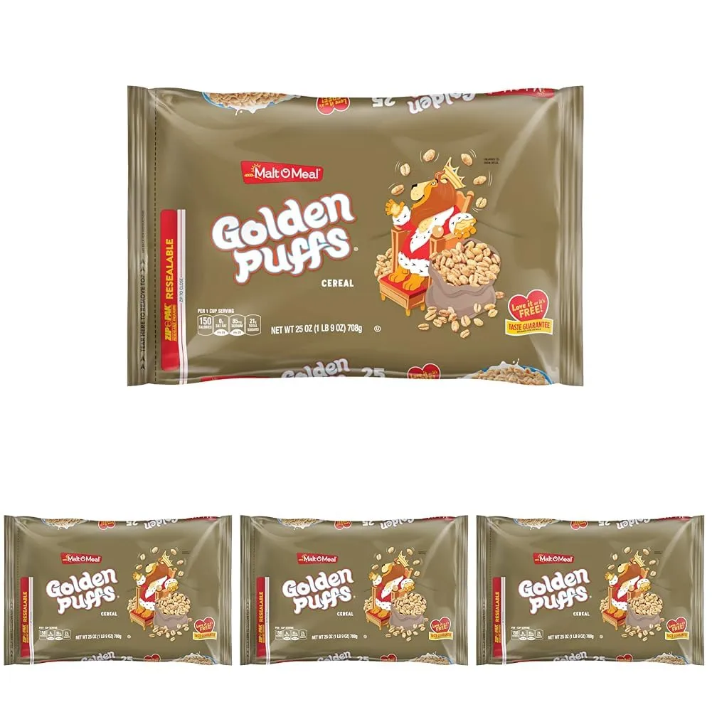 Malt-O-Meal Golden Puffs Breakfast Cereal, Sweetened Puffed Wheat Cereal, Bulk Family Size Cereal, 25 OZ Resealable Cereal Bag (Pack of 4)