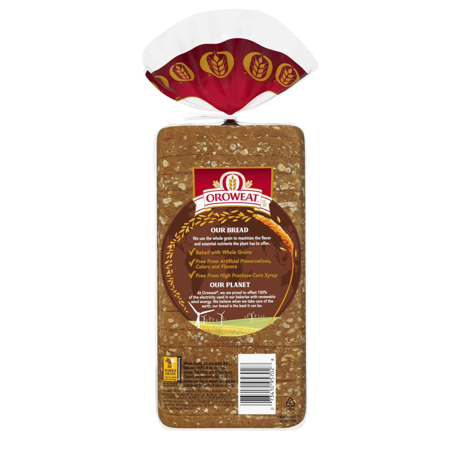 Oroweat Small Slice Whole Grains 100% Whole Wheat Bread, Bread Free From Artificial Colors, Flavors and Preservatives, 18 oz Loaf