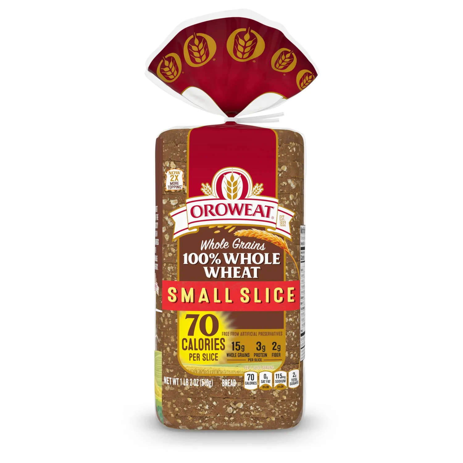 Oroweat Small Slice Whole Grains 100% Whole Wheat Bread, Bread Free From Artificial Colors, Flavors and Preservatives, 18 oz Loaf