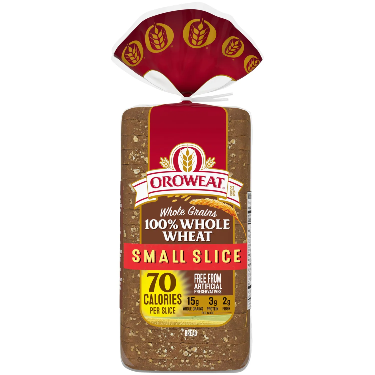 Oroweat Small Slice Whole Grains 100% Whole Wheat Bread, Bread Free From Artificial Colors, Flavors and Preservatives, 18 oz Loaf