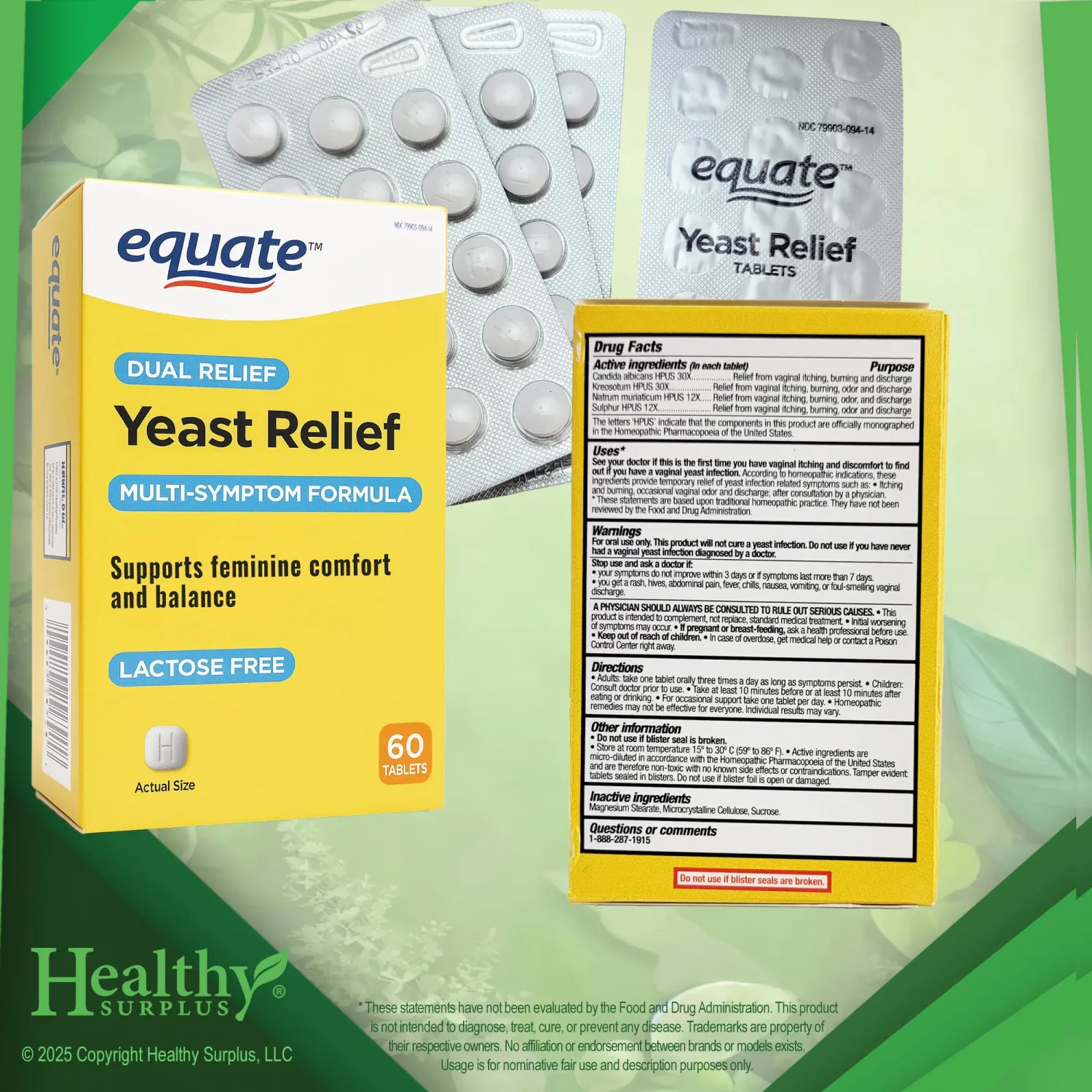 Equate Yeast Relief - 60 Tablets and Vital Volumes Tips Card