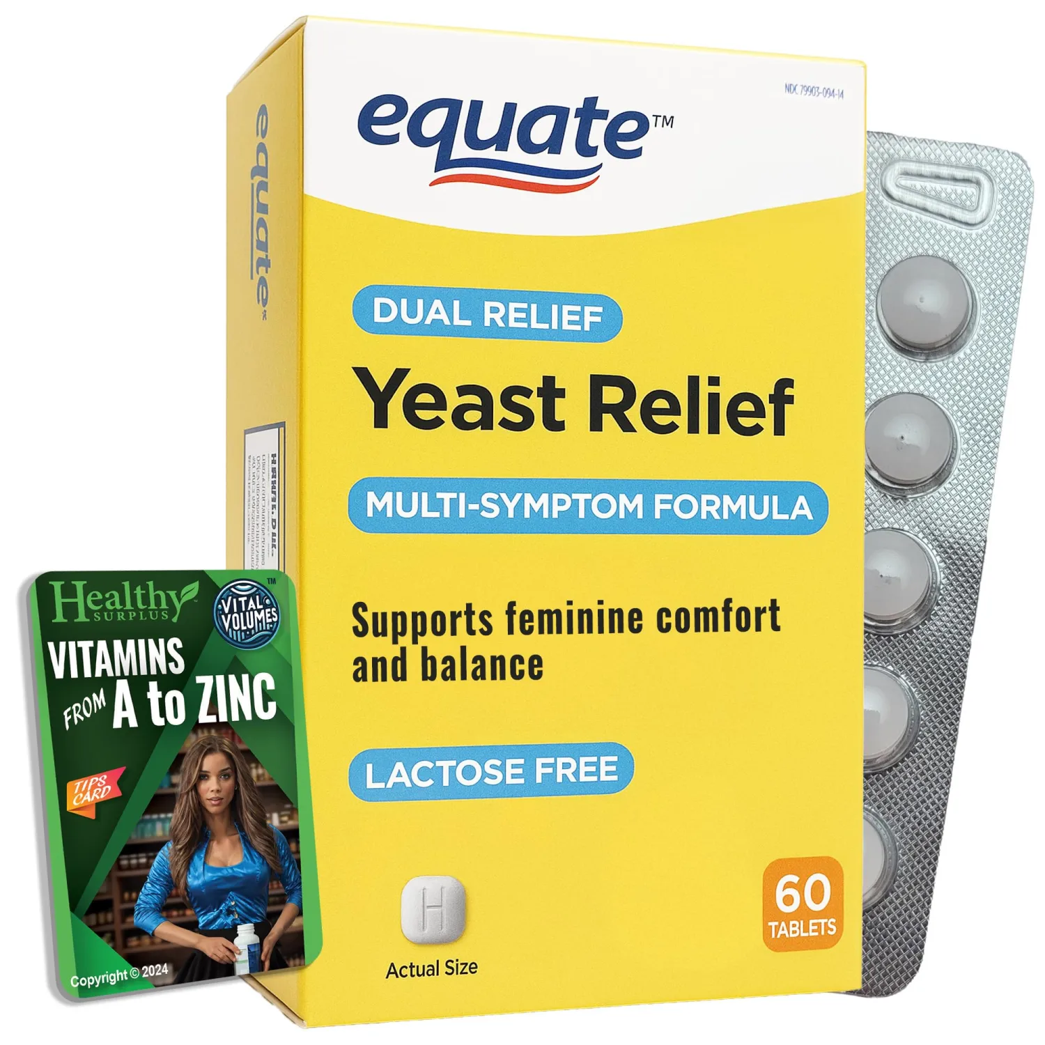 Equate Yeast Relief - 60 Tablets and Vital Volumes Tips Card