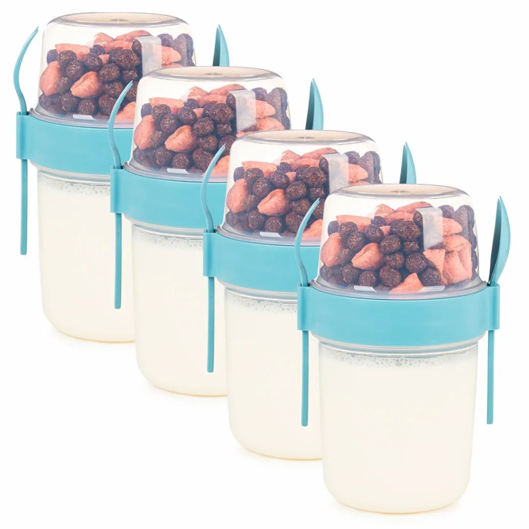 4 Pack On The Go 22 oz Breakfast Cups with Lids and Spoon, Reusable Cereal Yogurt Cup with Topping Plastic Overnight Oats Container for Granola Oatmeal (37 oz - Turquoise- 4 Pack)