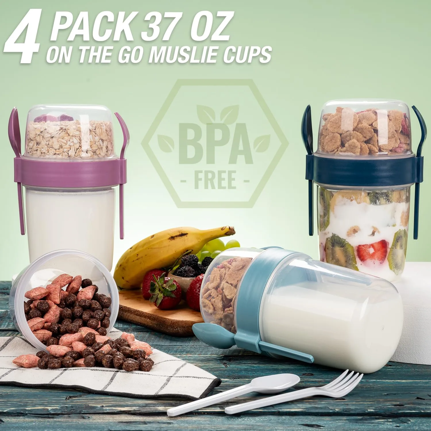 4 Pack On The Go 22 oz Breakfast Cups with Lids and Spoon, Reusable Cereal Yogurt Cup with Topping Plastic Overnight Oats Container for Granola Oatmeal (37 oz - Turquoise- 4 Pack)