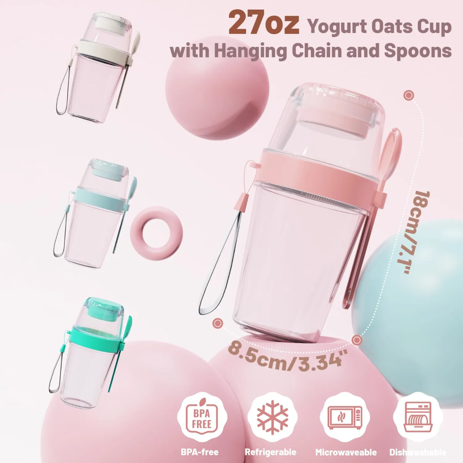 4 Pack 27oz Overnight Oats Yogurt Cups with Lids and Spoon Reusable Cereal Parfait Cups with Salad Box Overnight Oats Containers Leakproof Pudding Cups for Yogurt Fruit Vegetable Cereal Grain