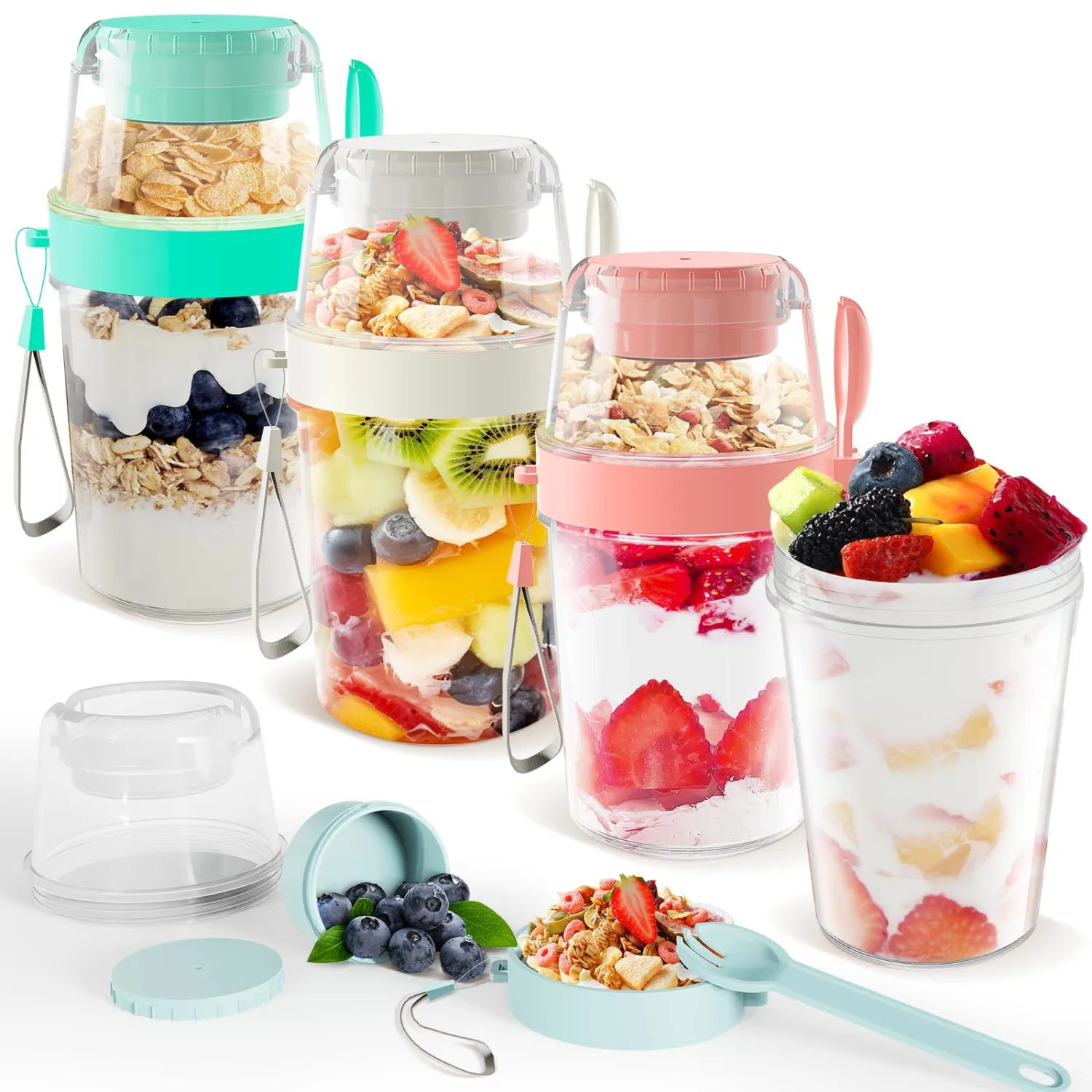 4 Pack 27oz Overnight Oats Yogurt Cups with Lids and Spoon Reusable Cereal Parfait Cups with Salad Box Overnight Oats Containers Leakproof Pudding Cups for Yogurt Fruit Vegetable Cereal Grain