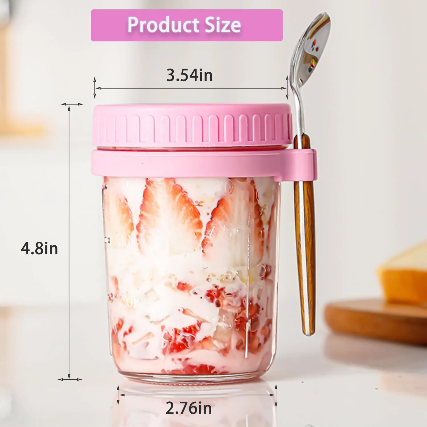 Overnight Oats Containers with lids and spoon, Set of 2 Jars 12oz Airtight Container with Measurement Marks, Reusable On The Go Cups for Cereal Yogurt, Milk, Salads, Fruit