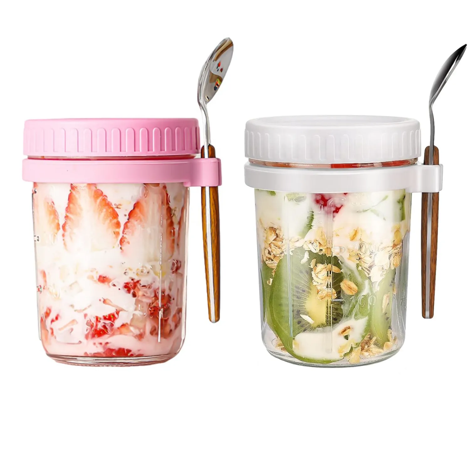 Overnight Oats Containers with lids and spoon, Set of 2 Jars 12oz Airtight Container with Measurement Marks, Reusable On The Go Cups for Cereal Yogurt, Milk, Salads, Fruit