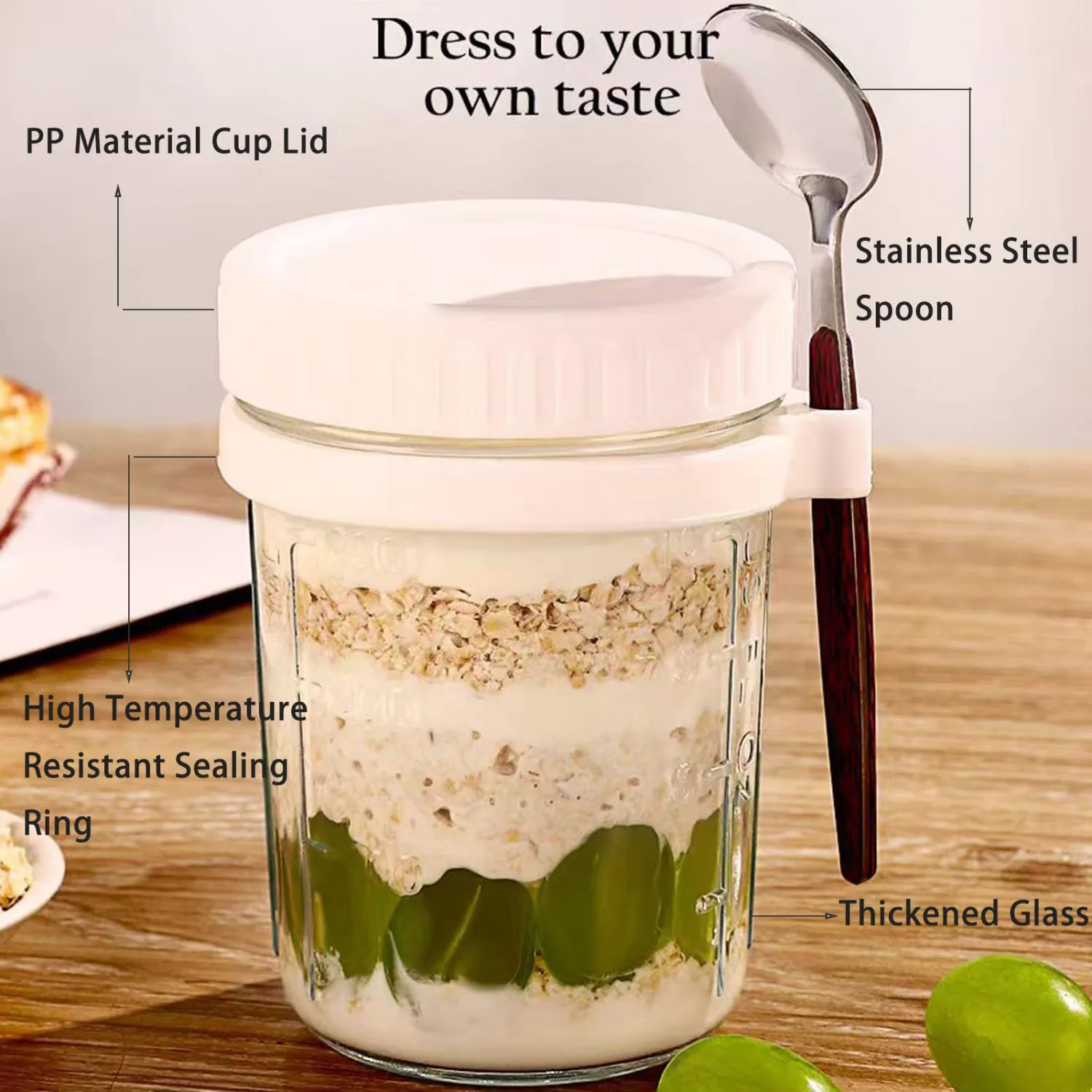 Overnight Oats Containers with lids and spoon, Set of 2 Jars 12oz Airtight Container with Measurement Marks, Reusable On The Go Cups for Cereal Yogurt, Milk, Salads, Fruit