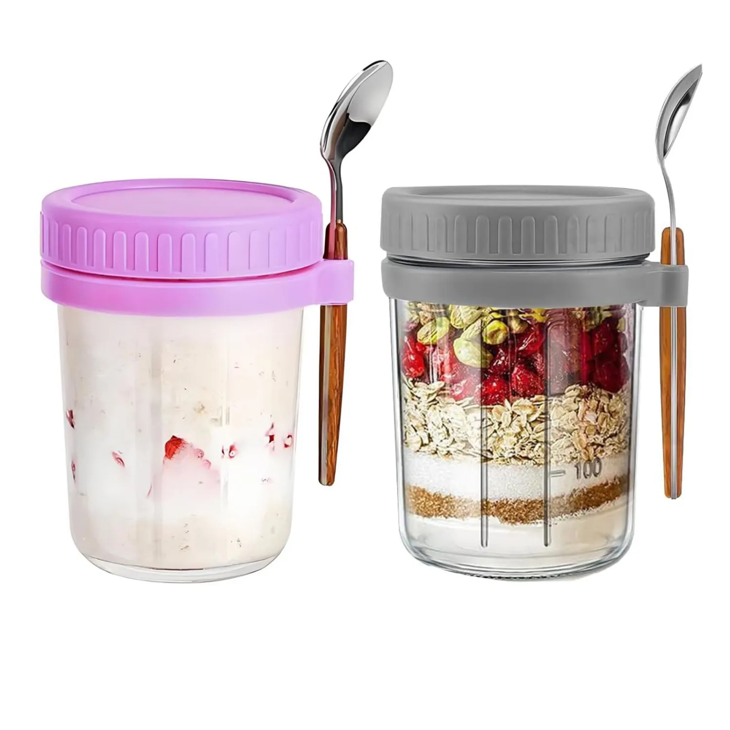 Overnight Oats Containers with lids and spoon, Set of 2 Jars 12oz Airtight Container with Measurement Marks, Reusable On The Go Cups for Cereal Yogurt, Milk, Salads, Fruit