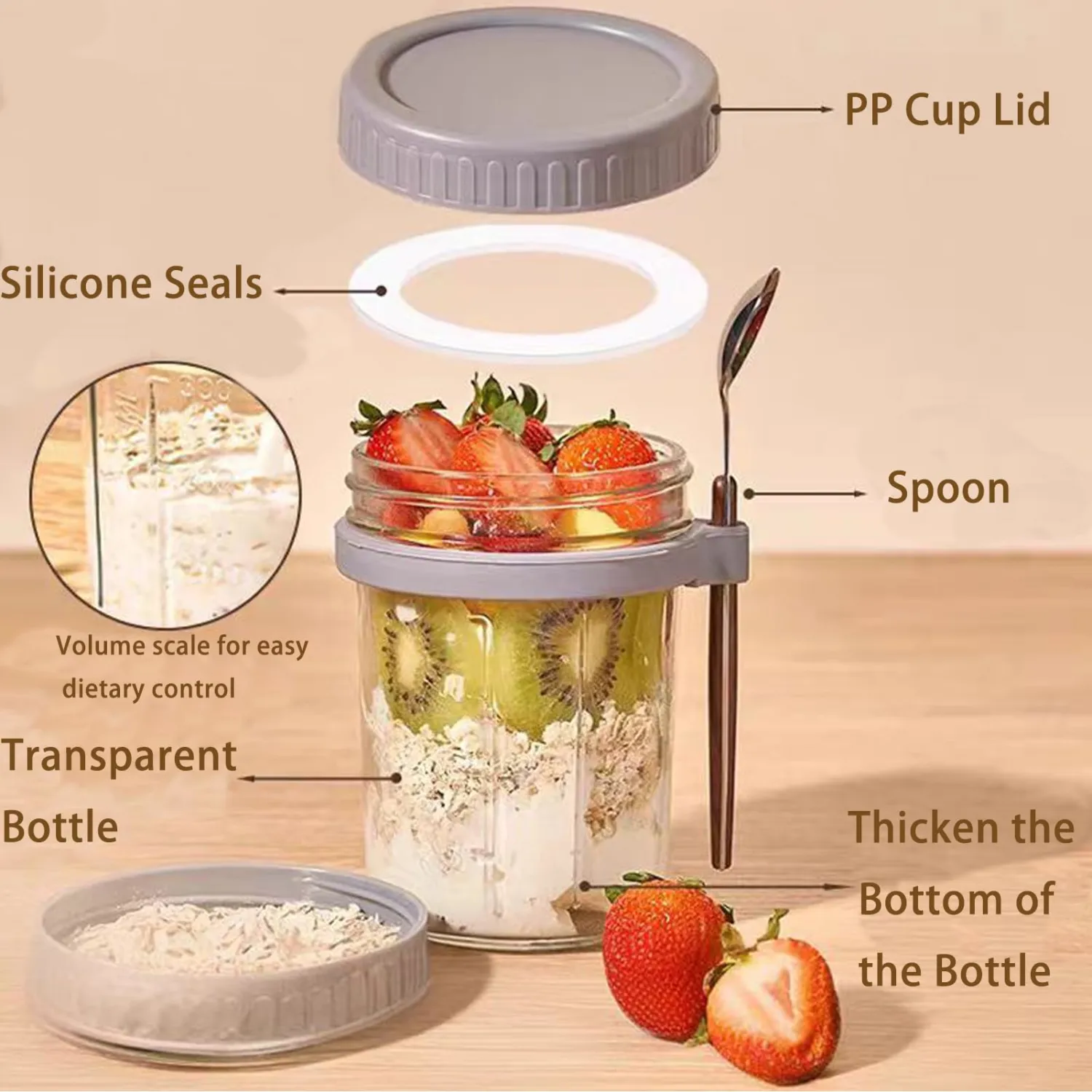 Overnight Oats Containers with lids and spoon, Set of 2 Jars 12oz Airtight Container with Measurement Marks, Reusable On The Go Cups for Cereal Yogurt, Milk, Salads, Fruit