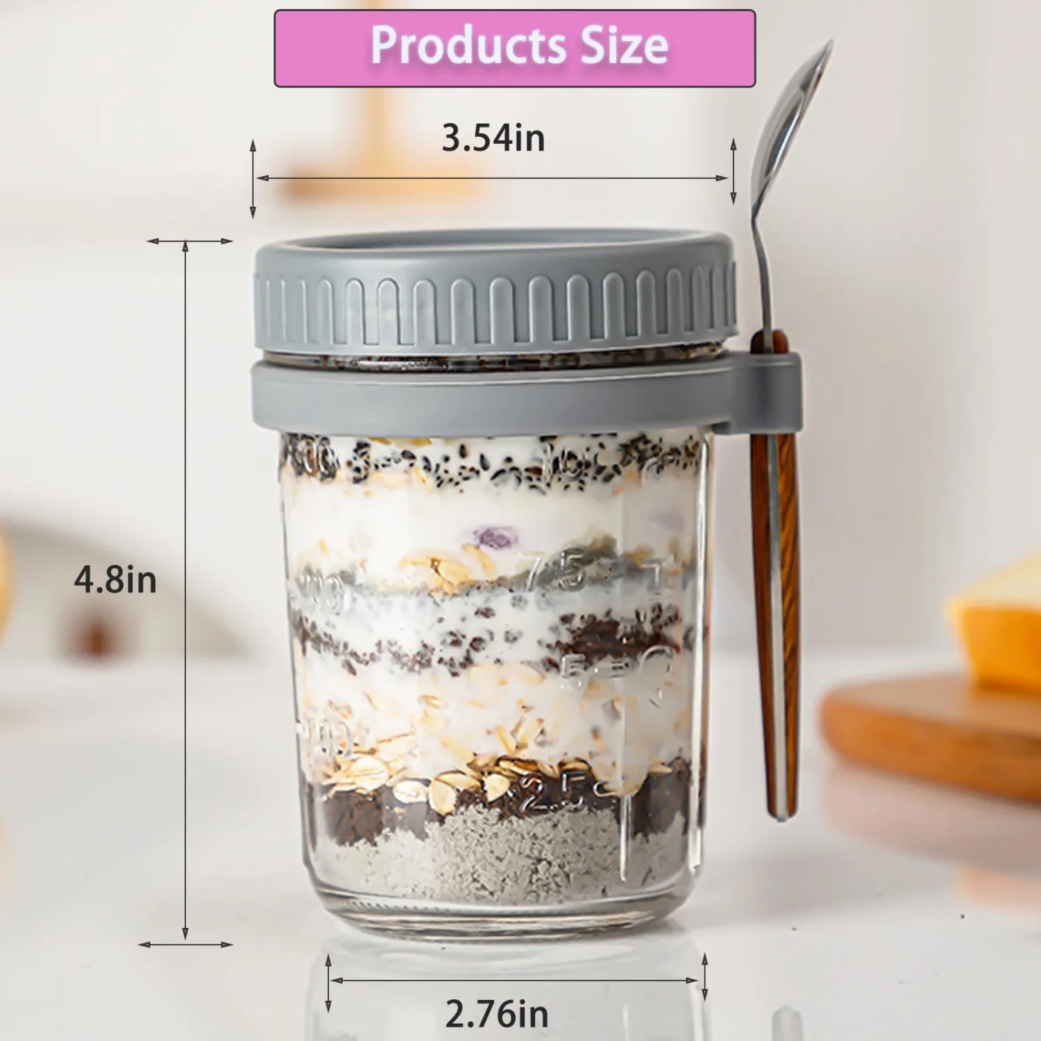 Overnight Oats Containers with lids and spoon, Set of 2 Jars 12oz Airtight Container with Measurement Marks, Reusable On The Go Cups for Cereal Yogurt, Milk, Salads, Fruit