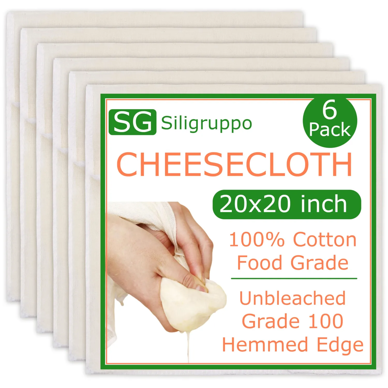 6-Pack Hemmed Cheesecloths - 20"X20" Reusable Unbleached Cotton For Cheese Making, Nut Milk, Yogurt Straining & Crafts. Food-Grade, Pre-Cut With Reinforced Edges