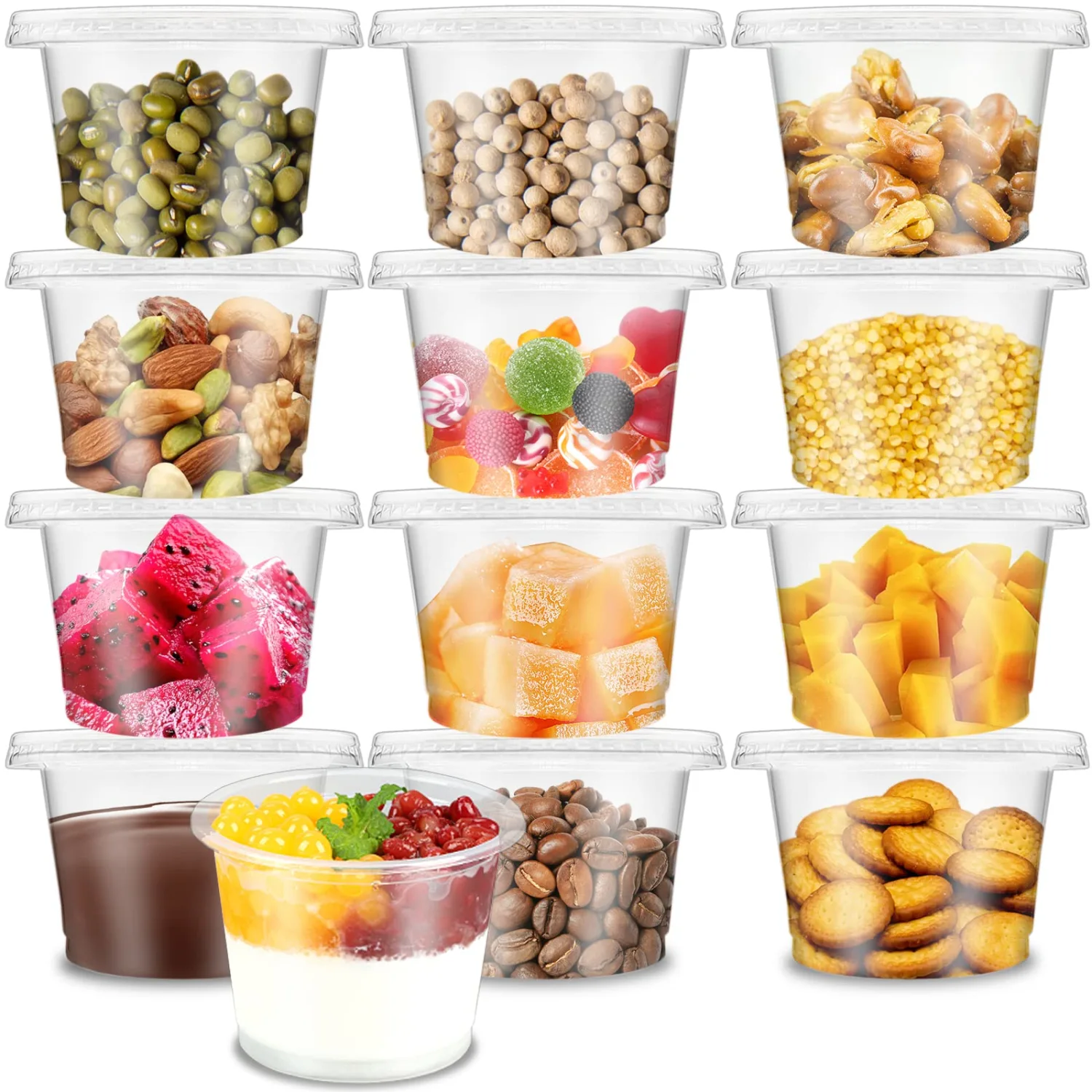 50 Pack 8 OZ Disposable Plastic Cups with Flat Lids,Disposable Ice Cream Cups,Take Away Food Container for Drink,Yogurt,Parfaits,Soups,Snacks,Dessert,Salad,Fast Food,Fruit(With Holes)