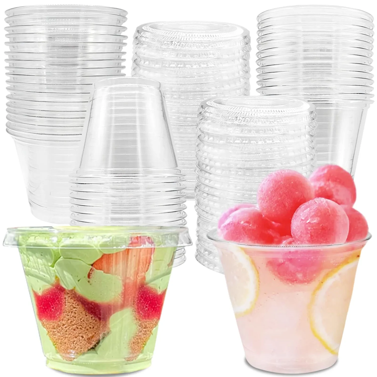 50 Pcs 9 Oz Reusable Plastic Dessert Cups with Flat Lids,Cold Party Drinking Cups for Coffee,Fruit,Ice Cream,Iced Cold Drinks,BBQ,Thanksgiving,Halloween,Juice Party(No Hole)
