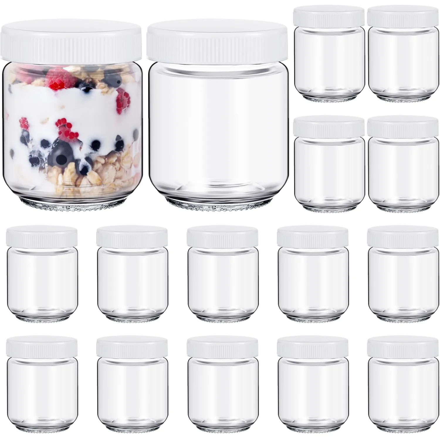 Baderke 16 pcs Clear Glass Jars with Plastic Lids for Yogurt Maker Reusable Glass Mason Jars Canning Yogurt Container for Greek Machine Jam Spices Herbs Food Storage (6 oz)